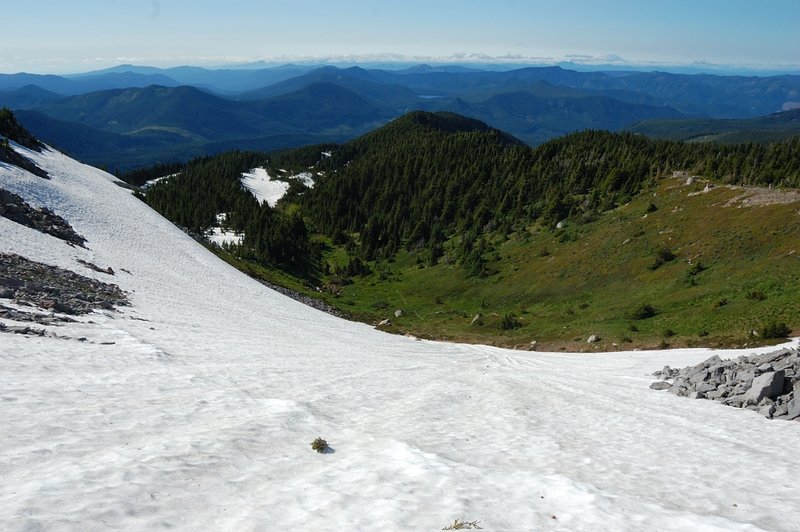 Scree field crossing on snow (there's good steps now, easy walk across)