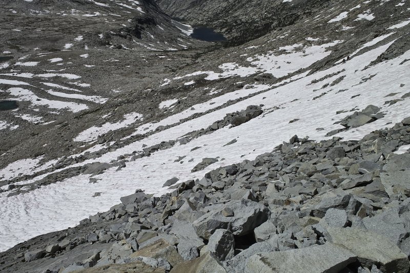 This snowfield was a bit tricky to traverse in the late day snow.