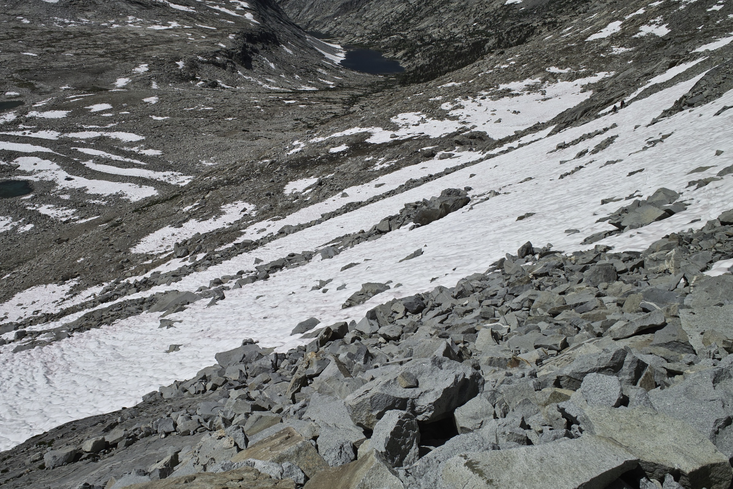This snowfield was a bit tricky to traverse in the late day snow.