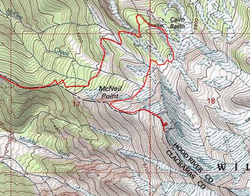 Map showing our descent route from McNeil Peak down and going off trail, then to Cairn Basin, and then back along the Timberline Trail