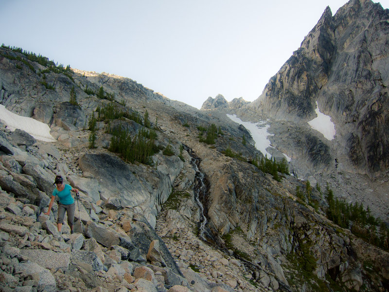 My wife descending Aasgard Pass