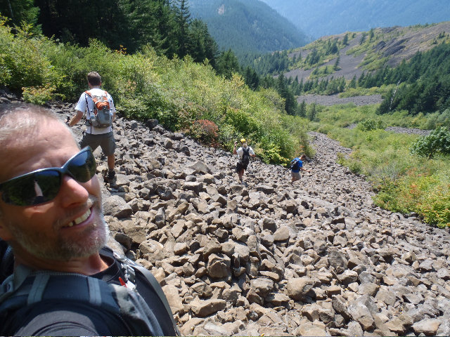 Heading down the boulder field...