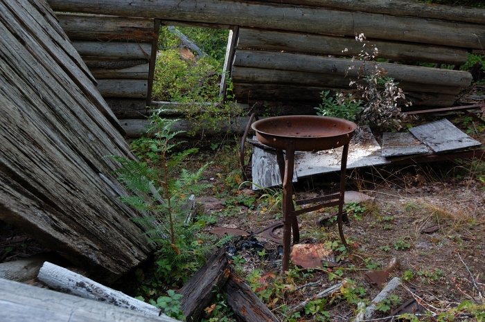 The roof collapsed, but the sink (?) still stands