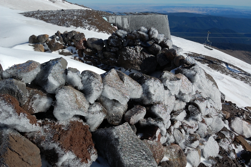 Iced wind wall (somebody tried to camp?) and the upper Palmer lift terminal