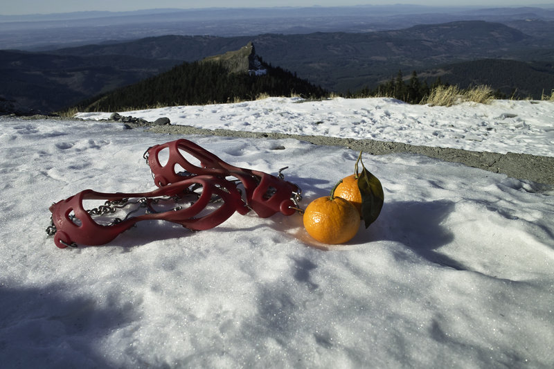 Microspikes and satsumas make for happy downhill hiking.