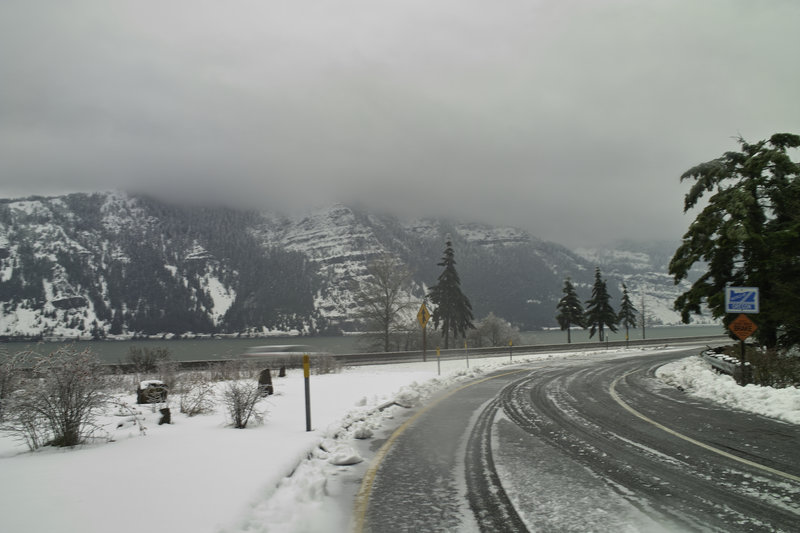 Things were really icy toward Hood River. Everyone was chaining up right after they passed the tractor trailer in a ditch.