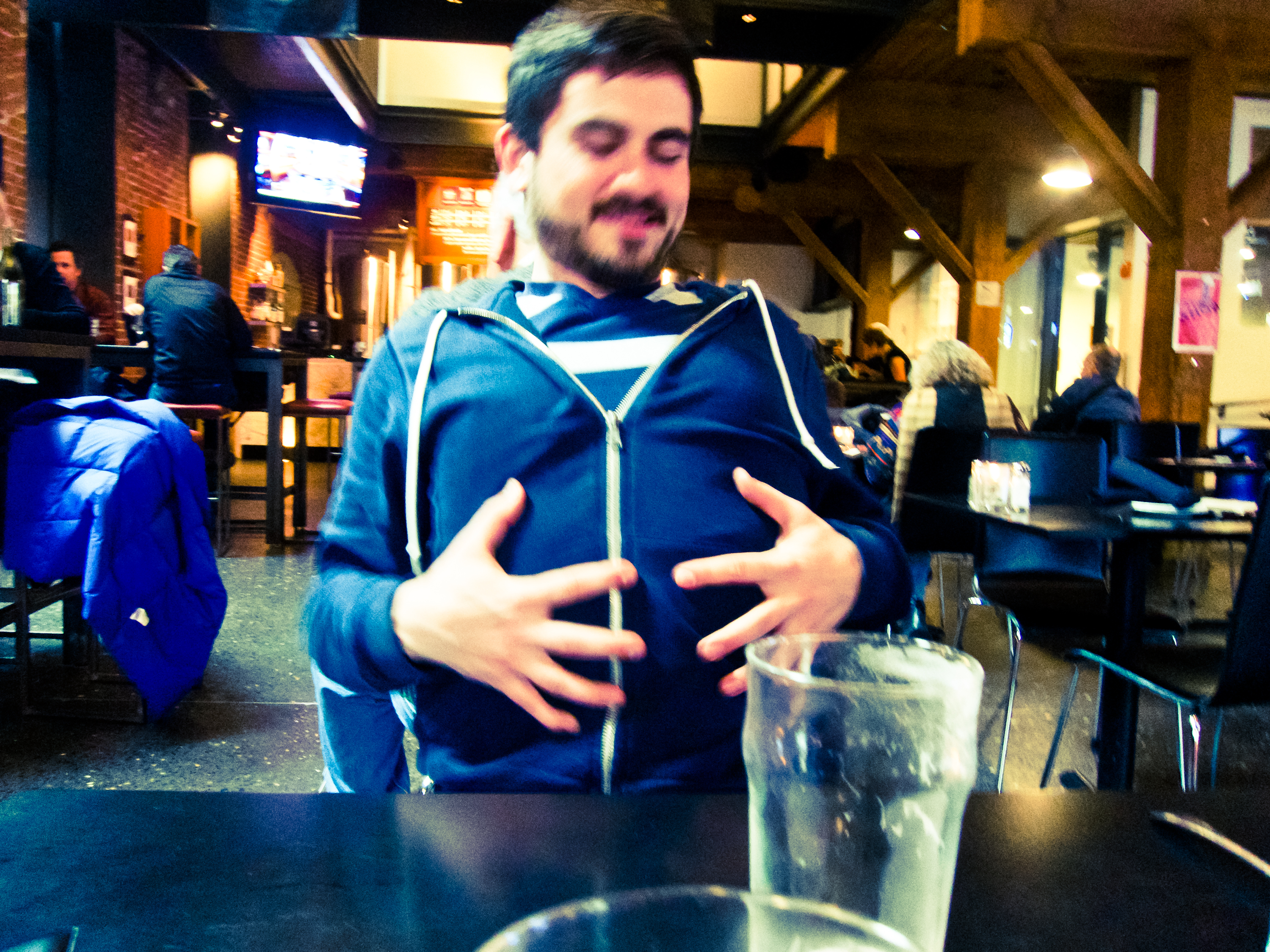 Shane after eating a half pound burger, wings, spinach dip, fries, and two 20oz pints of IPA :)