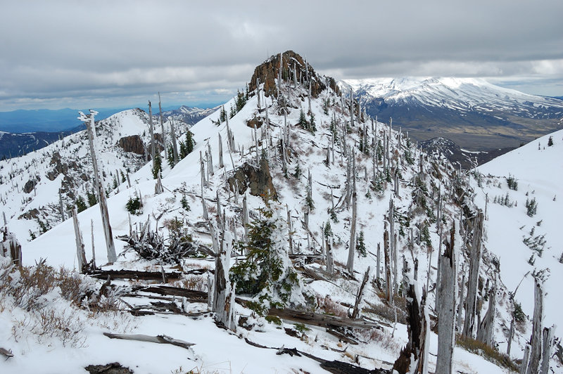 Past the Arch Ridge, I changed to crampons and went past Arch Ridge to a lower saddle - where the final steep ascent began. On the way, had a great view of Snag Peak (my toponyms). Stump Hill just shows to the left of it