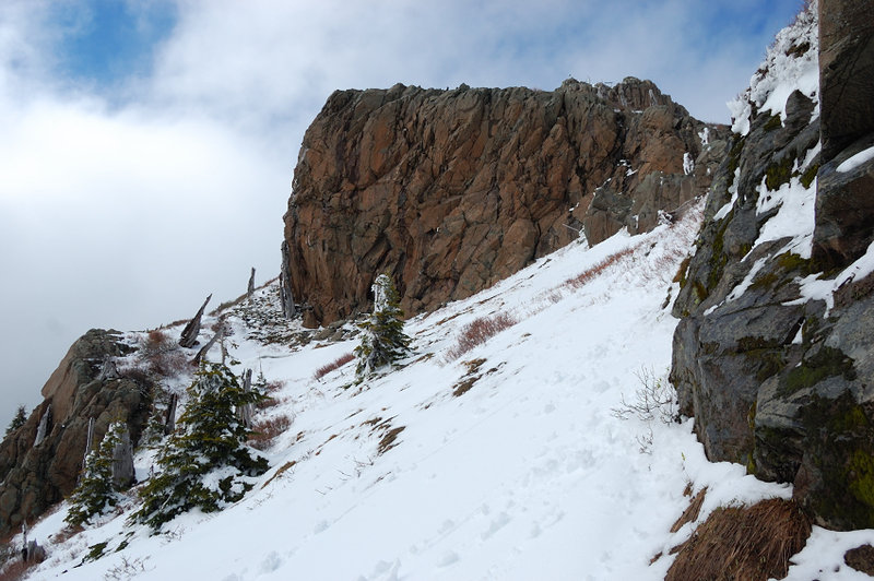 After traversing a tricky Arch Ridge and gaining a saddle between Coldwater Peak and "Snag Peak", you get on SW side which has very little snow. Here is Wall 2 from just past Wall 1. Other than a few snowdrifts, this part was pretty straightforward