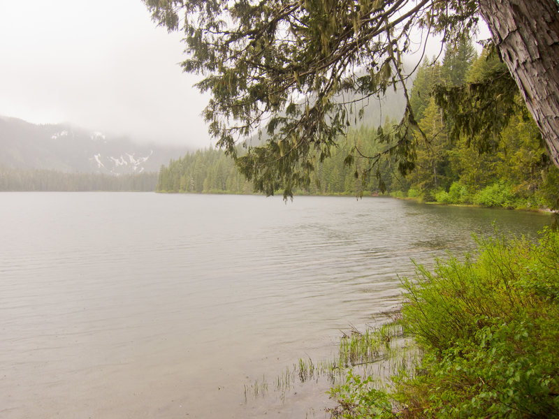 Scenic Elk Lake. Pouring rain.