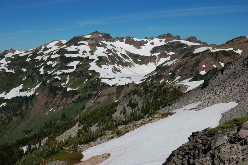 Goat Lake is still frozen with some snow around